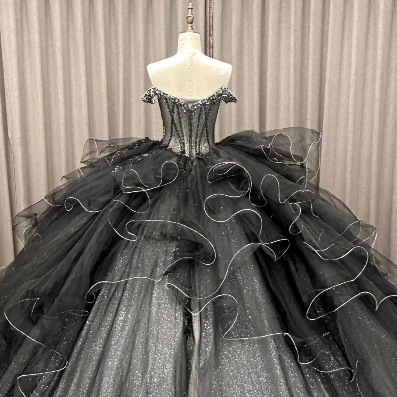 Black Princess Ball Gown Quinceanera Dresses Lace Appliques Crystals Beading Tull Sweet 16 Dress vestidos de 15 Anos