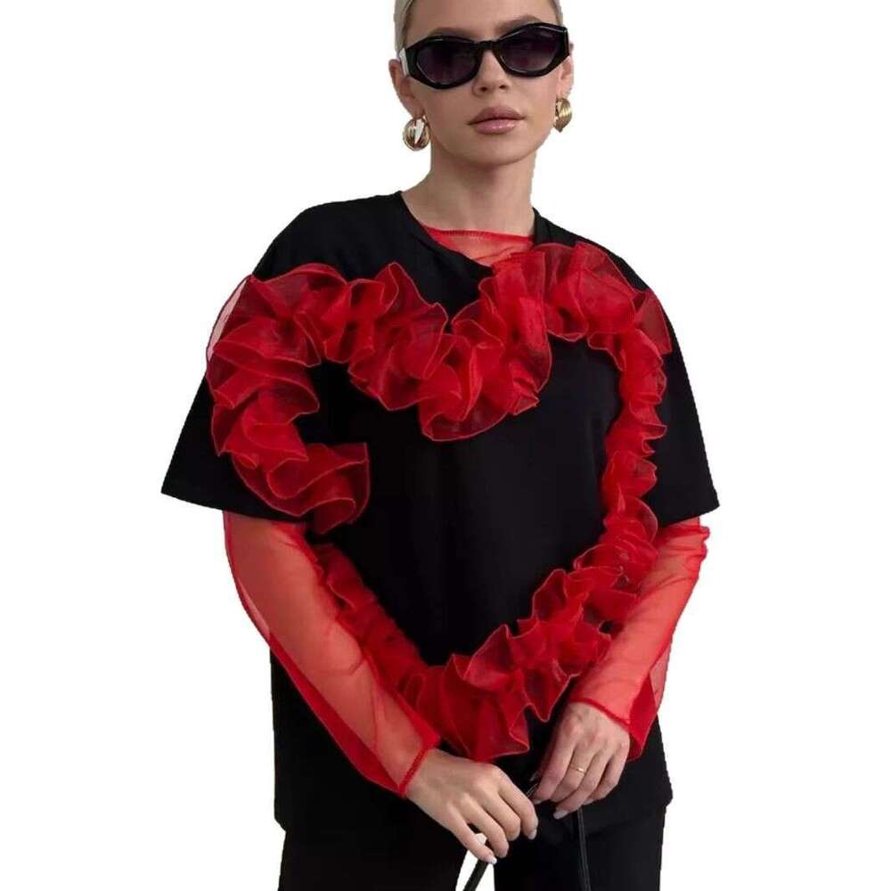 Heart-Shaped Organza Ruched Patchwork T-Shirt For Women Fashionable Ins Style Round Neck Loose Cotton Top B5