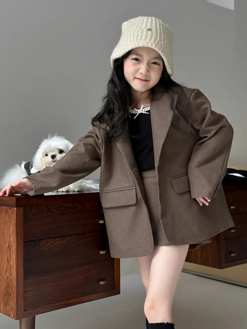 Suit skirt set for autumn loose suit jacket and skirt shorts for children and girls fashionable suit trendy kids clothes 250729