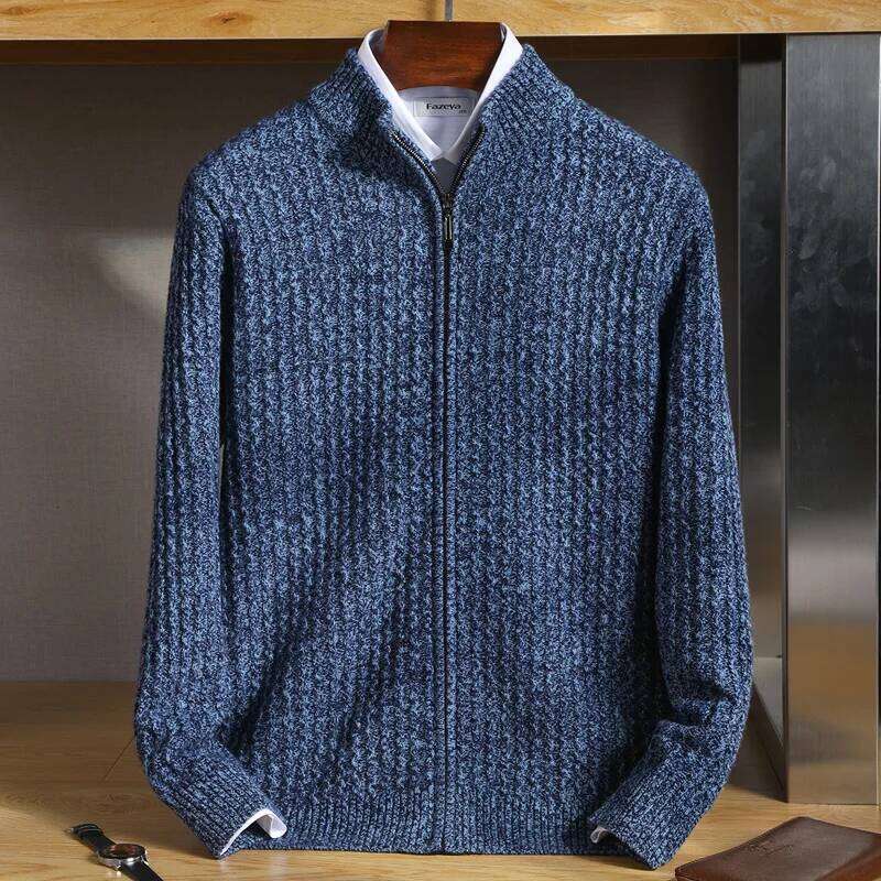 Men's Zipper Mock Collar Thickening Cardigan 100% Merino Wool Flower Yarn Sweater Cashmere Knitwear Autumn Winter Coat Tops MDNG