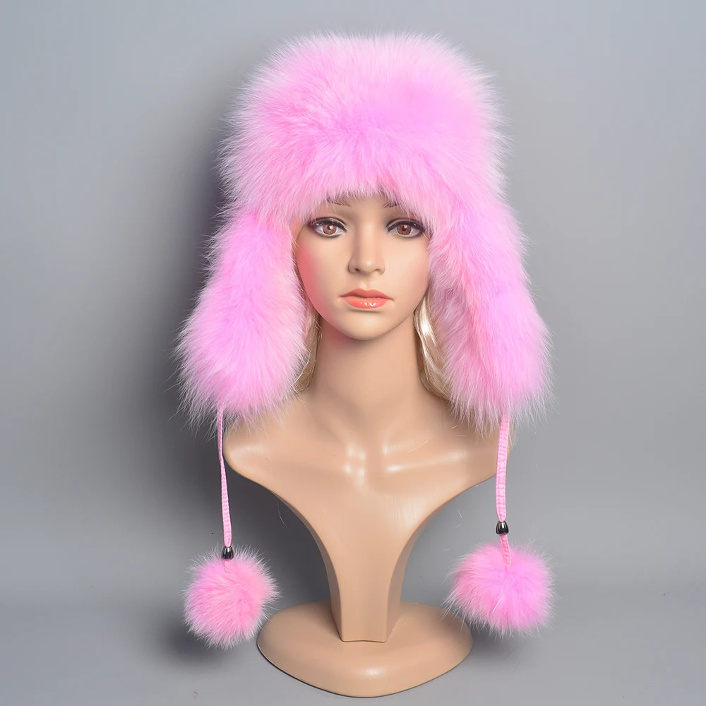 Natural Fox Fur Russian Aviation Hat with Ears Ushanka Women Winter Warm Fluffy Stylish Female Beanie Fashion Fur Hats 250724