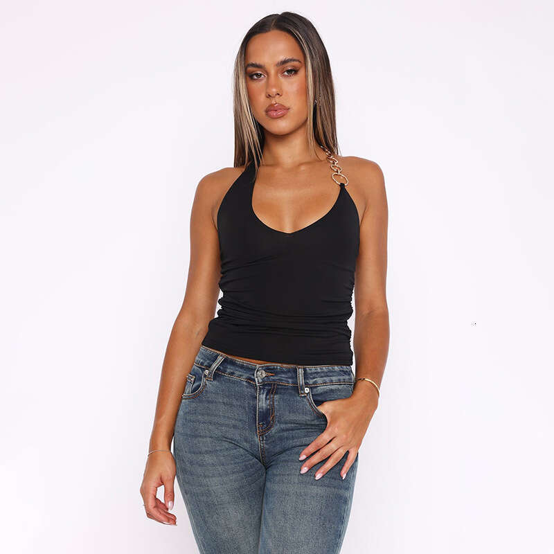 Y25tp001 Women's Spring Summer New Sleeveless V-Neck Sexy Ring Halter Neck T-Shirt Top B5