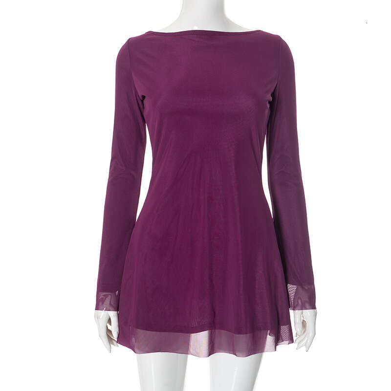 Fds1 Women's Autumn New Solid Color Round Neck Backless Sexy Long Sleeve Bodycon Dress B5