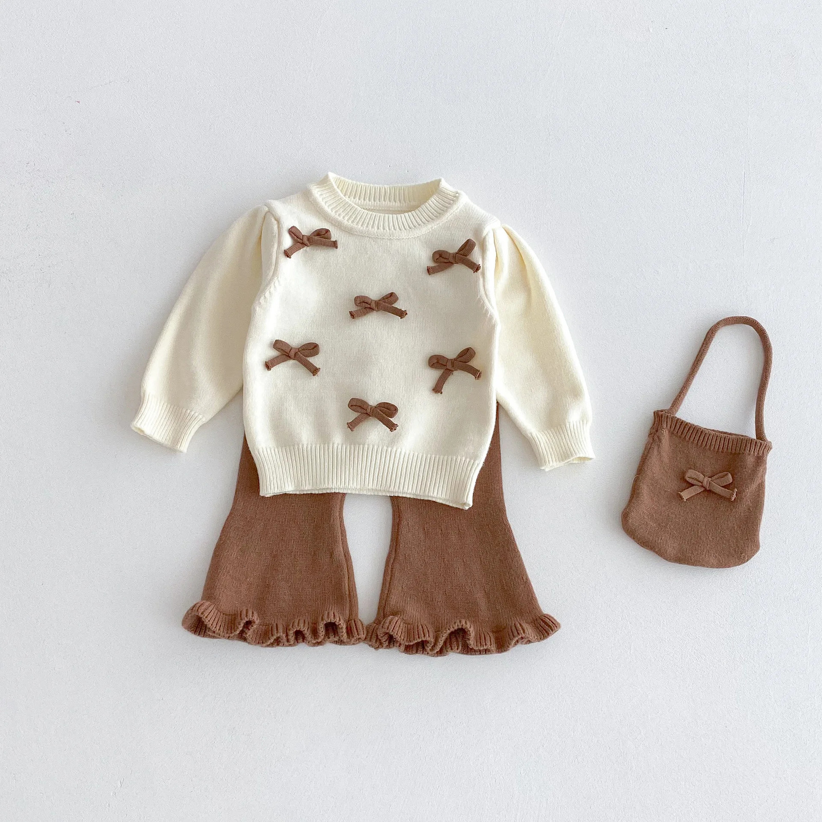 Baby Girl Sweater Suit Autumn and Winter Bow Round Neck SweaterBell Bottoms Cute Bag Three Piece Suit 250729