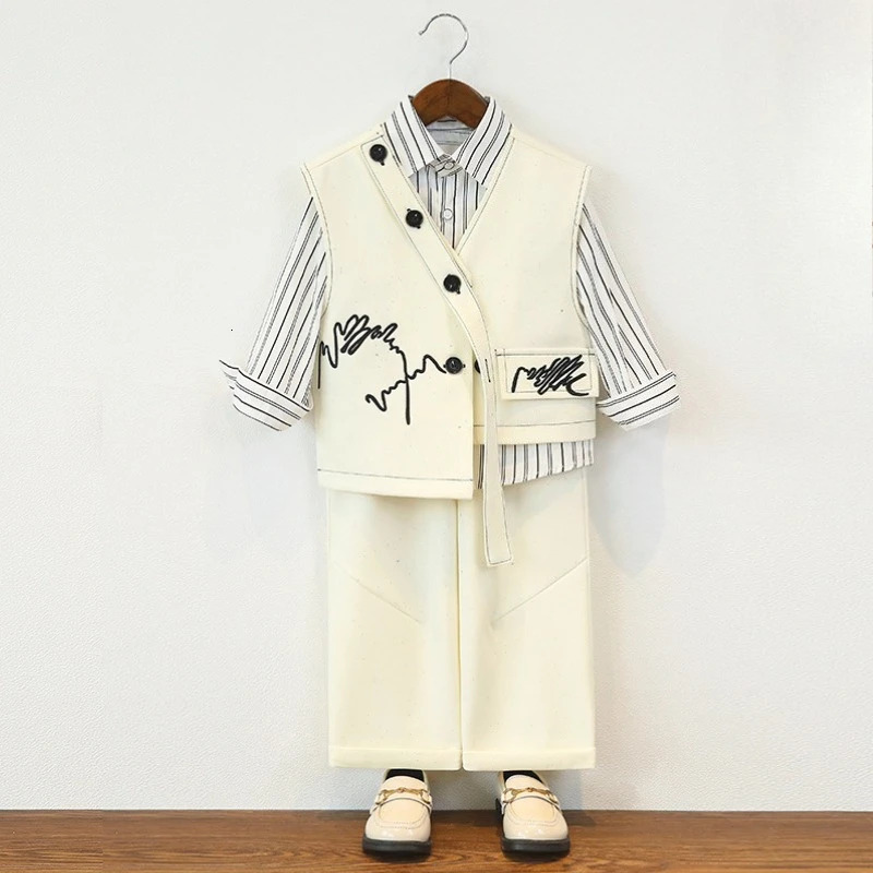 Children Suit Retro Starry Sky Vest Set for Boys Birthday Party Tuxedo Beige Elegance Kids Wedding Piano Performance Outfits 8 Y 250729