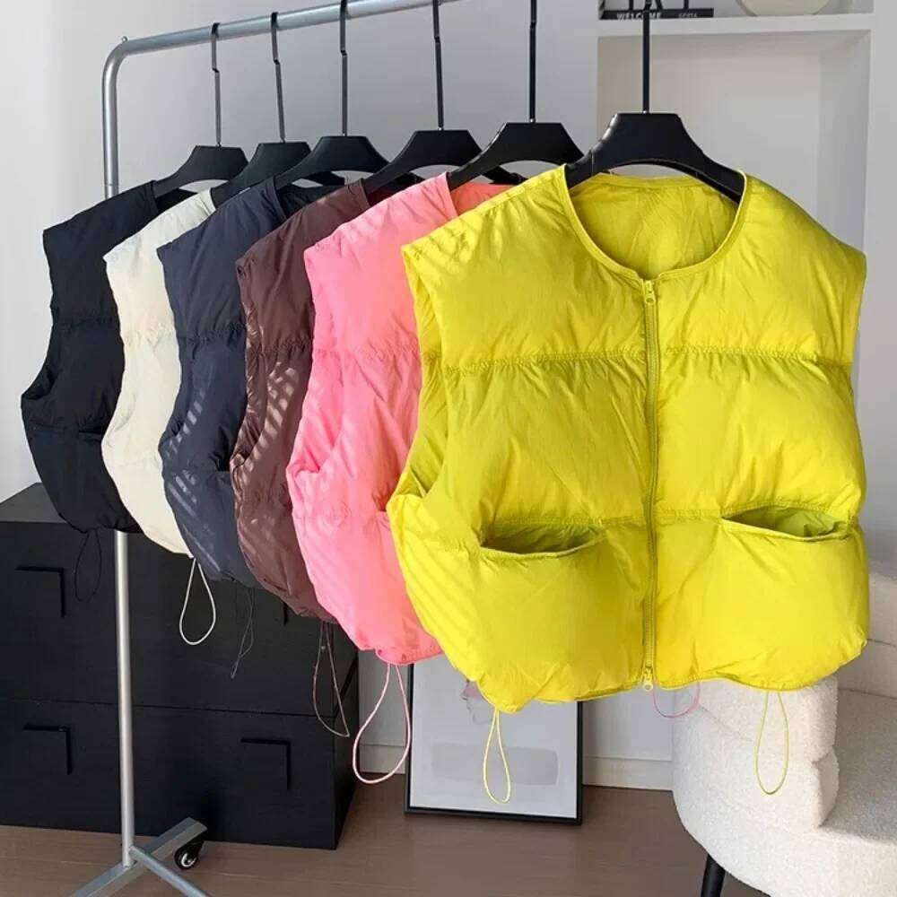 Designer Clothing 2025 Duck Sleeveless Down Jacket Women New Winter Loose Short White Vest Adjustable Zipper Up Warm Casual Solid Puffer Coat