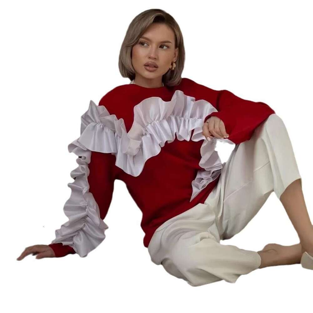 Heart Lace Trim Design Color-Block Sweatshirt Round Neck Long Sleeve Casual Loose Fleece Top For Women B5