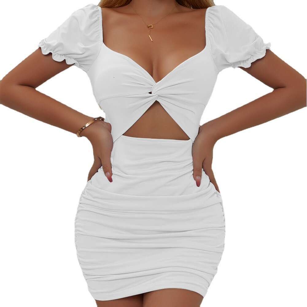 New Women's Fashion Sexy Hollow Out Ruched Puff Sleeve Bodycon Dress B5