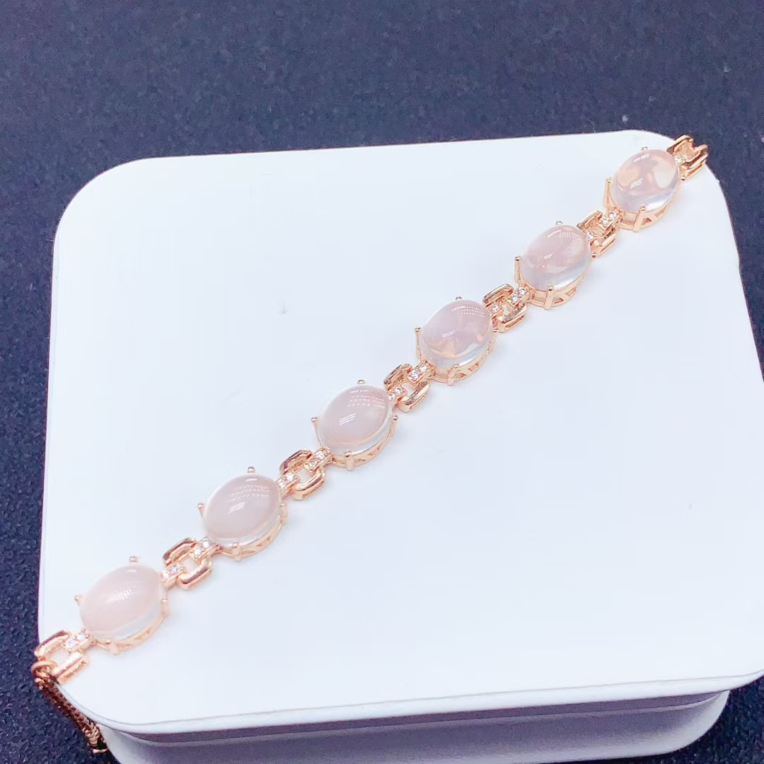 Natural Rose Quartz Bracelet for Party 7mm*9mm Total 12ct Rose Quartz Silver Bracelet with 18K Gold Plated 925 silver Gemstone Jewelry