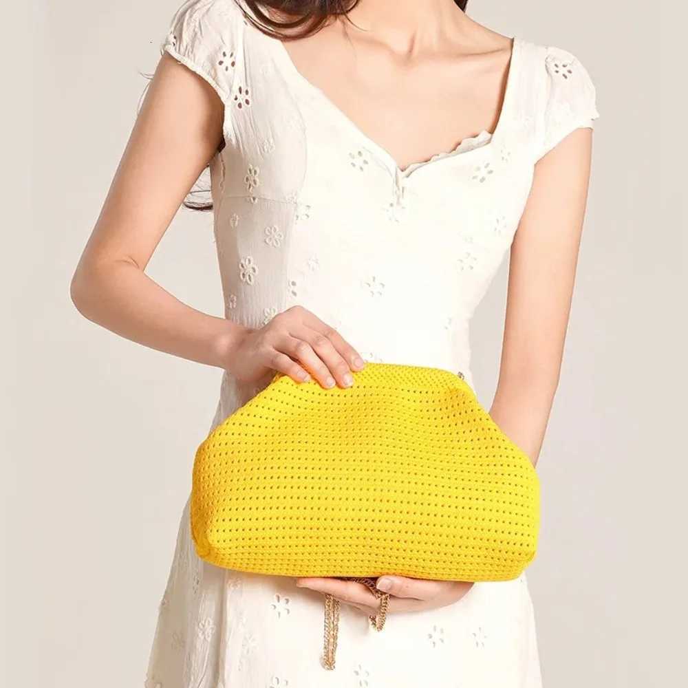 Solid Color Women Beach Clutch Bag Large Capacity Hollow Out Banquet Bag Soft Elastic Dumpling Purse Summer Crochet Handbag Y250729