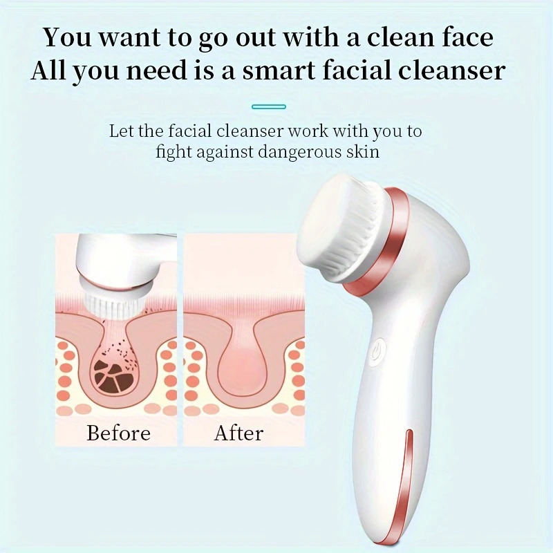 Electric Facial Cleansing Brush 3 in 1 with 3 Brush Heads Water Proof Rechargeable Rose Gold with Purple Massage Head 250726