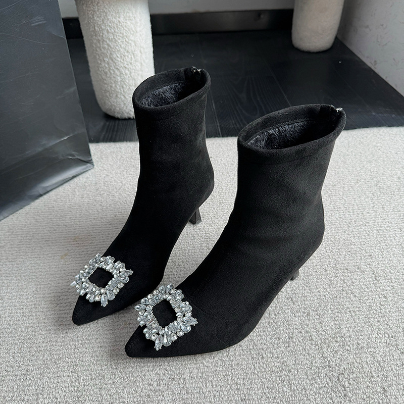 Thin Pointy Black Short Female Thin Autumn-Winter New Style Rhinoceles Square Buckle All Build High Heel Stretch Boots 2025