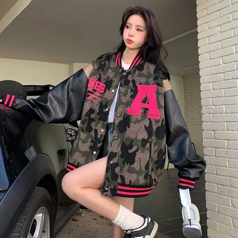 Camouflage Student Loose American Retro Baseball Jacket ed Letter n Vintage for Girls 250730