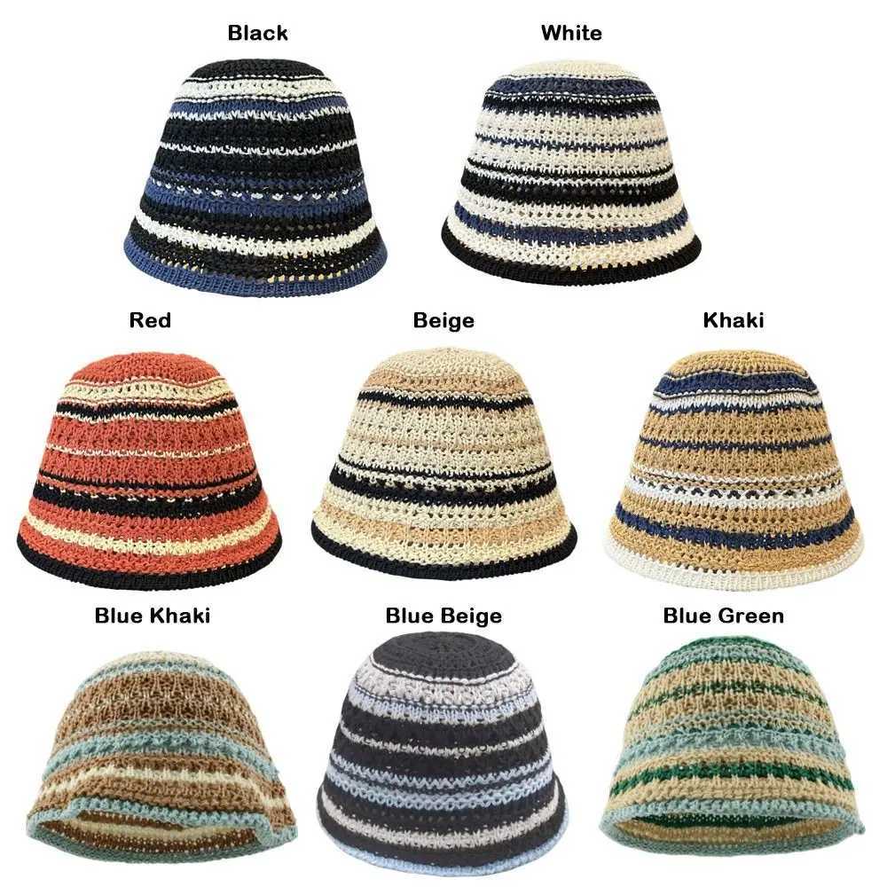 Striped Knitted Hollow Fisherman Hat UV Protection Big Eaves Str C Mticolor Breathable Sun Hat Summer Y250730