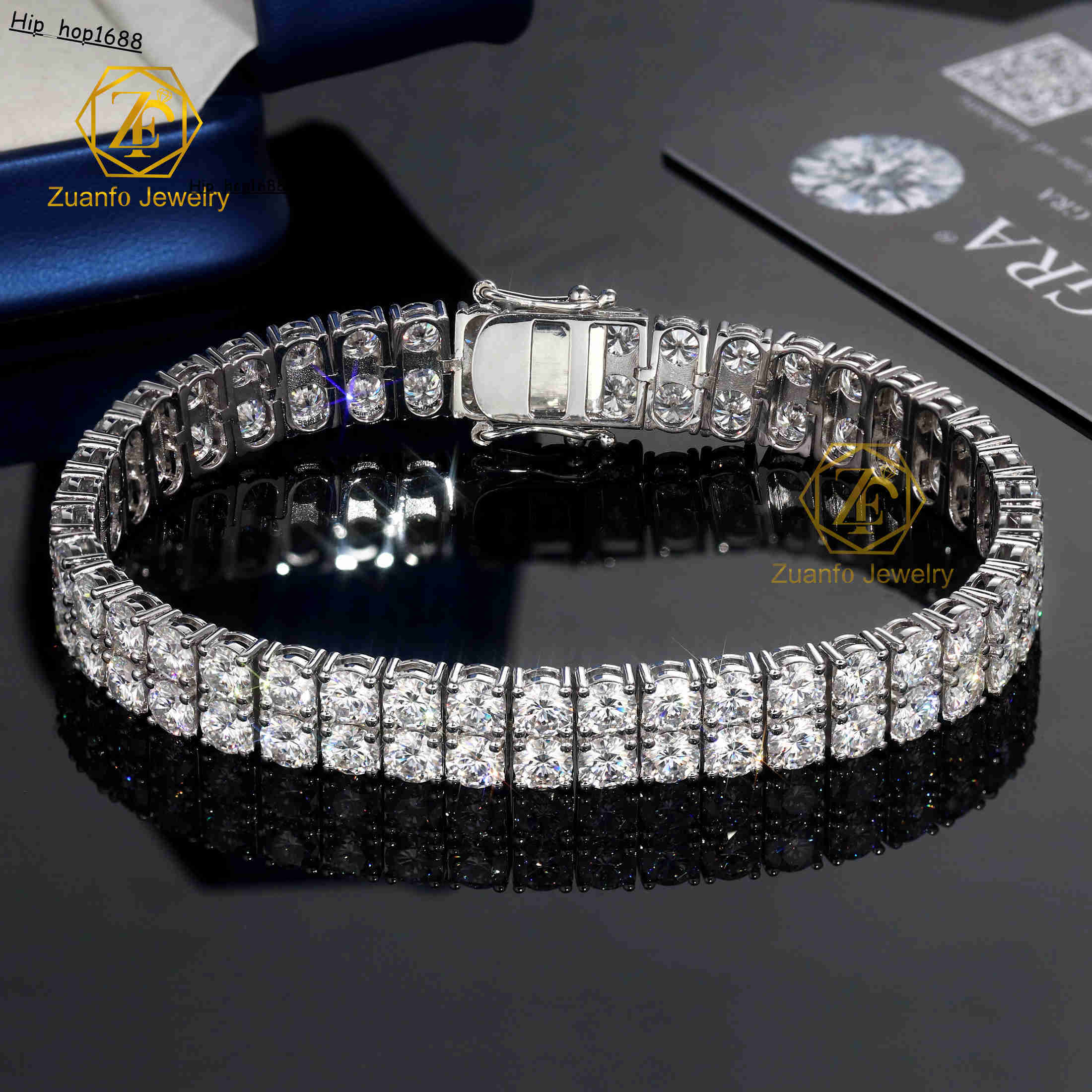 Hip Hop Charm Jewelry Bracelet 2 Rows Clustered Gra Synthetic 5MM 0.5CT Moissanite Diamond 10MM Wide Tennis Bracelet for Women