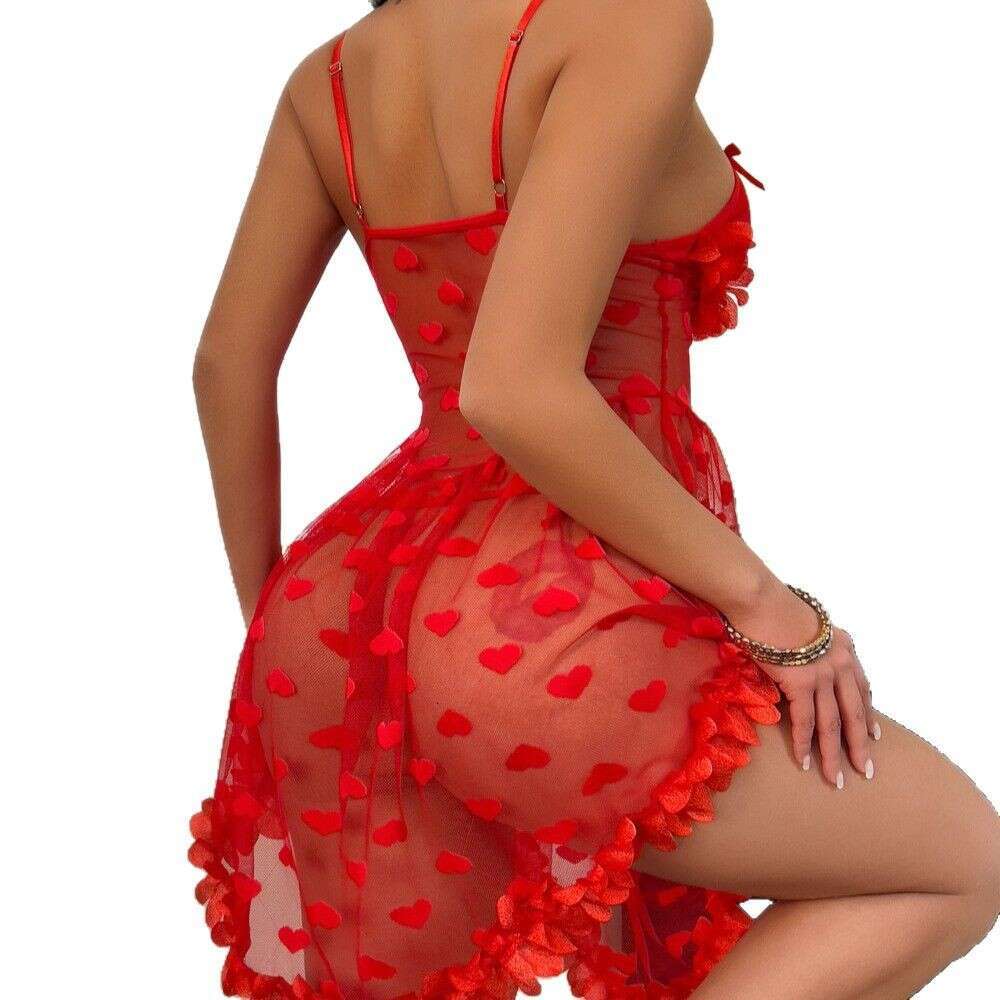 Red heart-shaped mesh perspective erotic suit with suspender bra and short skirt, two piece set for sexy private room, seductive pajamas, romantic lin