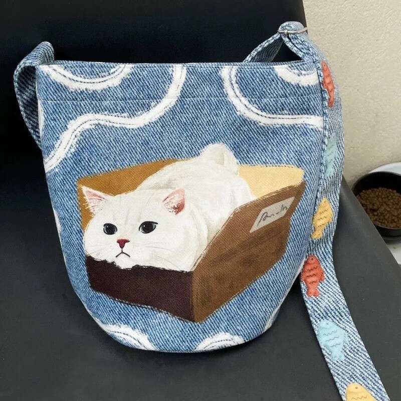 Kebidou Korean Style Lazy Large Capacity Relaxed Canvas Cat Shoulder Bag Unique Design