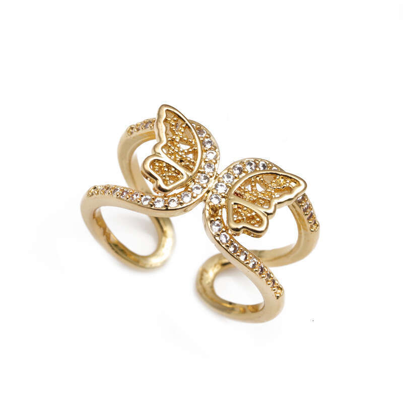 Minimalist Copper Gold-Plated Micro-Inlaid Zircon Korean and Japanese Style Butterfly Open Ring