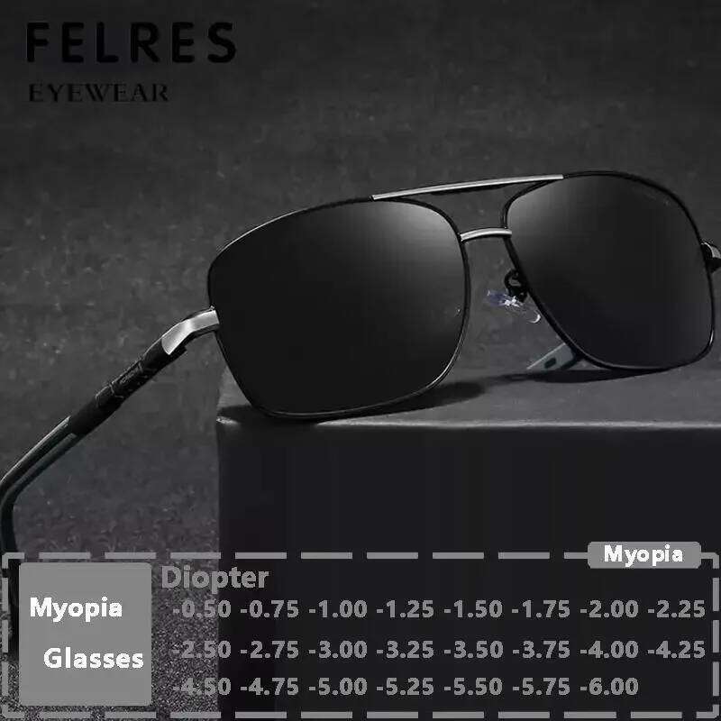 Metal Frame Fashion Tinted Myopia Nearsighted Men Square Prescription Glasses Outdoor Driving Sunglasses UV400 FELRES