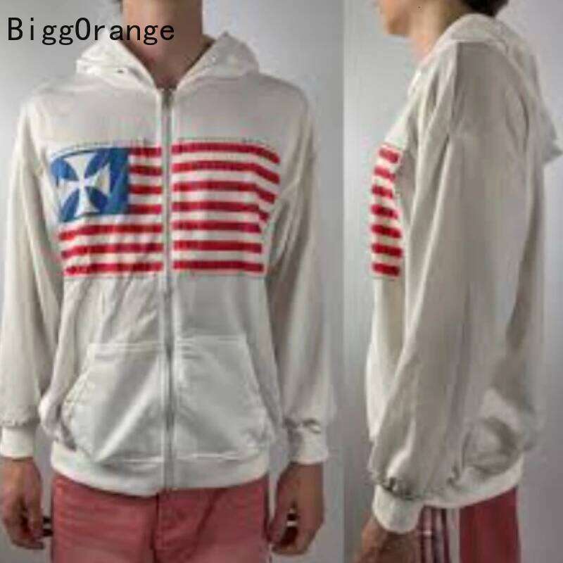 Sweatshirt Coat Rhinestone Embroidered Zipper Hoodie American Fashion Street Clothing Gothic Flag Men And Women Same Sweatshirt
