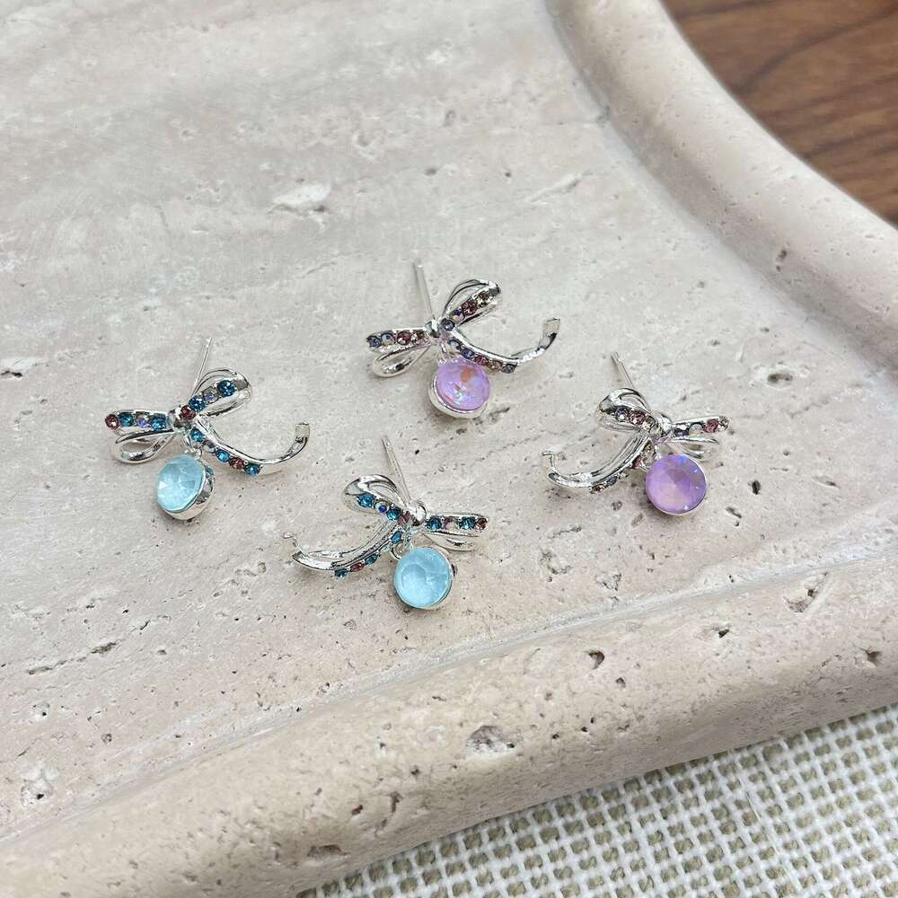 TikTok French Light Style Colorful Dia Bow Zircon Earrings Niche High-End Atmosphere 0e7