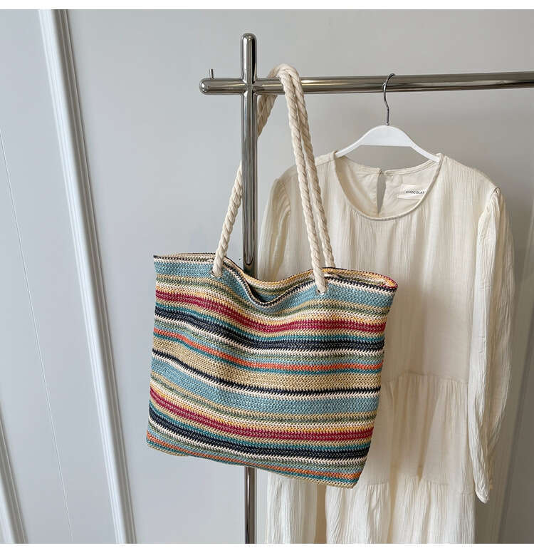 Colorful Striped Woven Vacation Style Straw High-end Fashion Versatile Shoulder New Large Capacity Bag