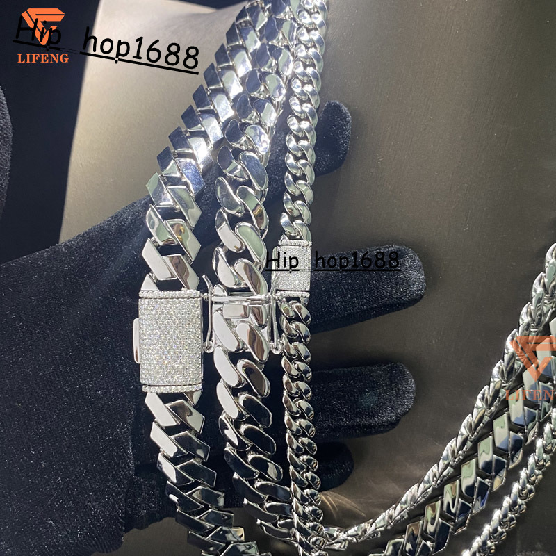 Custom HipHop Jewelry 8-15mm Plain Chain 925 Sterling Silver Moissanite Diamond Iced Out Buckle Miami Cuban Link Chain Necklace