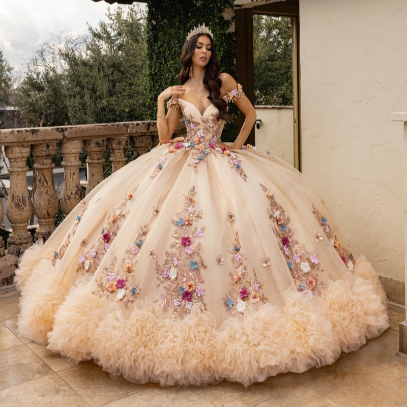 Champagne Quinceanera Dresses Off The Shoulder Applique Flower Beads Tiered Tull Ball Gown Vestidos De 15 Anos Sweet 16 Dress