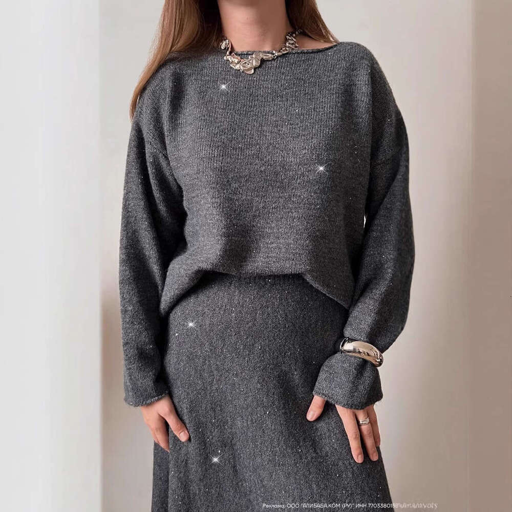 New Lazy Style Loose Top + Mermaid Skirt For Women Round Neck Knitted Sequin Set Shiny B5