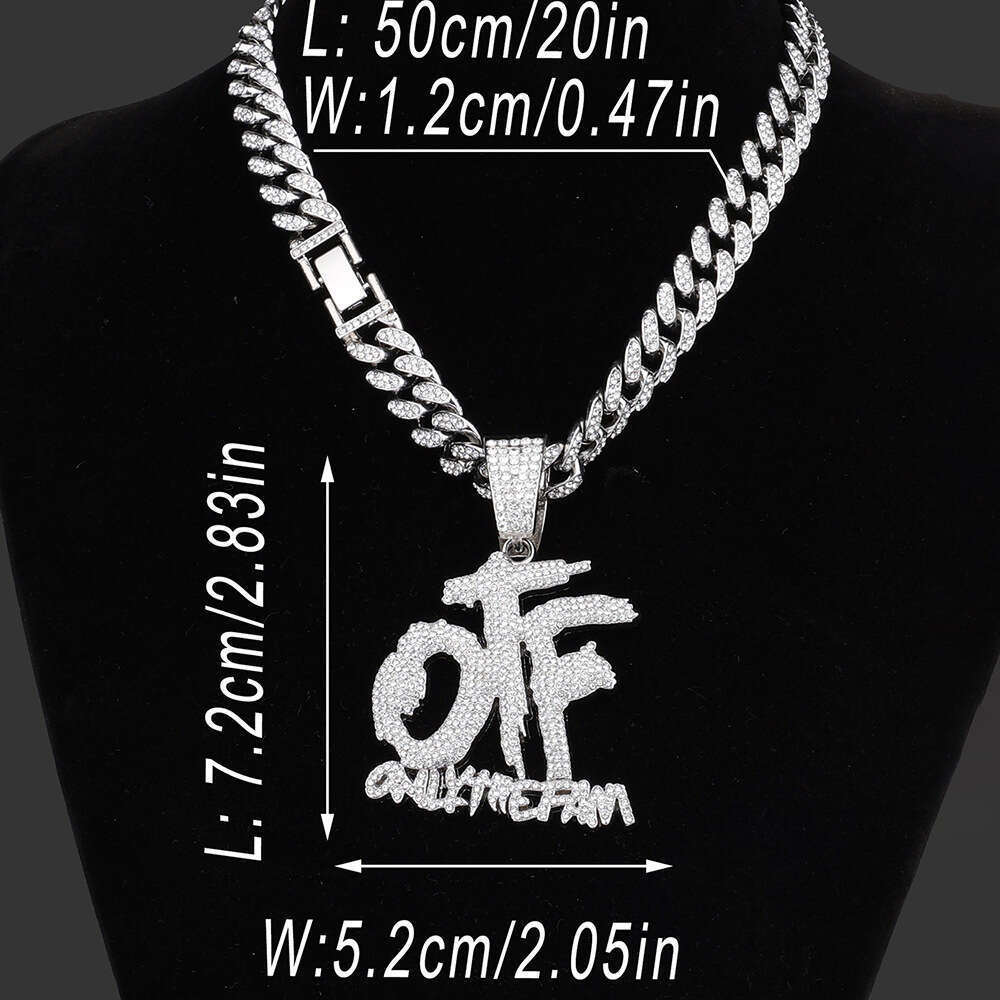 New Alloy Cuban Chain Hip Hop Full Rhinestone OTF Letter Necklace Pendant Fashion Straight Hair