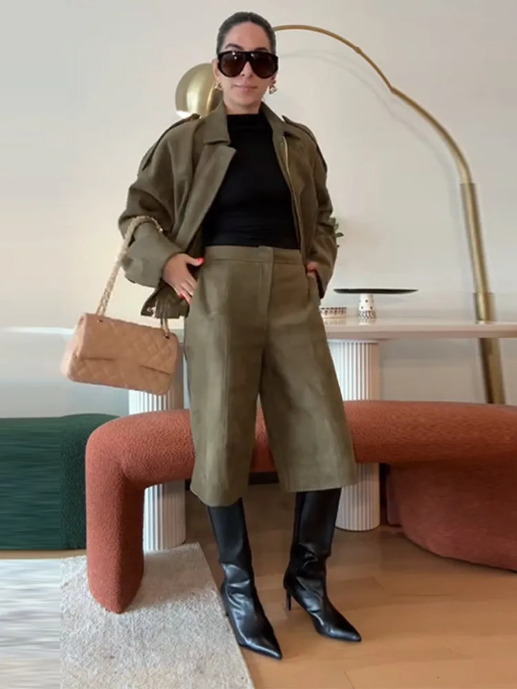 Autumn Women Suede Bomber Jacket Vintage Lapel Zipper Long Sleeve Female Coats Casual Commute Street Outerwear 250725