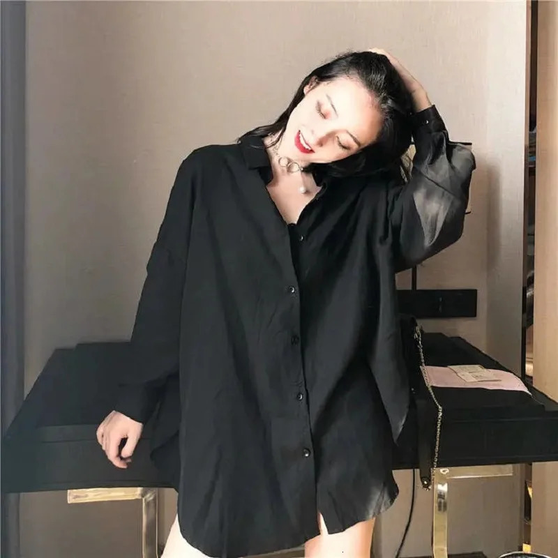 Minimalist Oversize Full Sleeve Women Basic Black Shirt Button Up Blouse Turn Down Collar BF Long Shirts Autumn Cardigan Tops 250729
