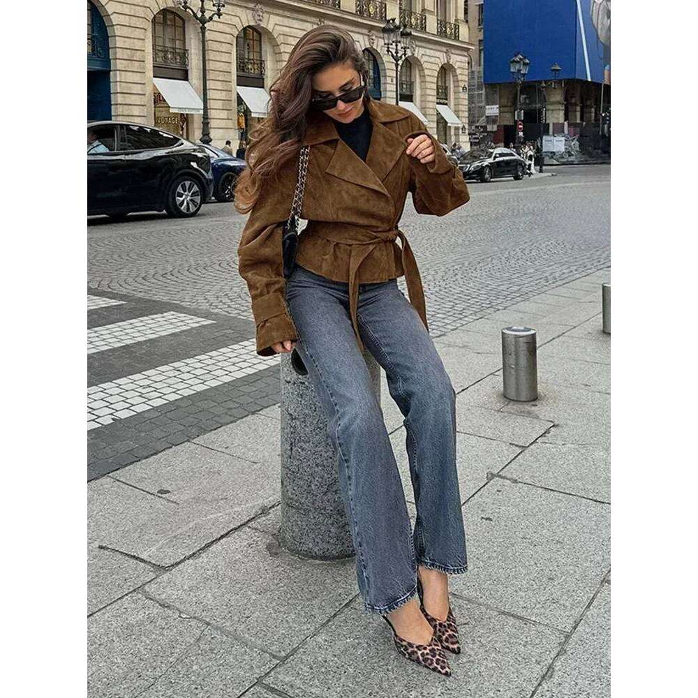 Retro Brown Lace Up Shorts Suede Jacket Elegant Female Lapel Long Sleeves Slim Coats Autumn Chic Lady High Street Outwear
