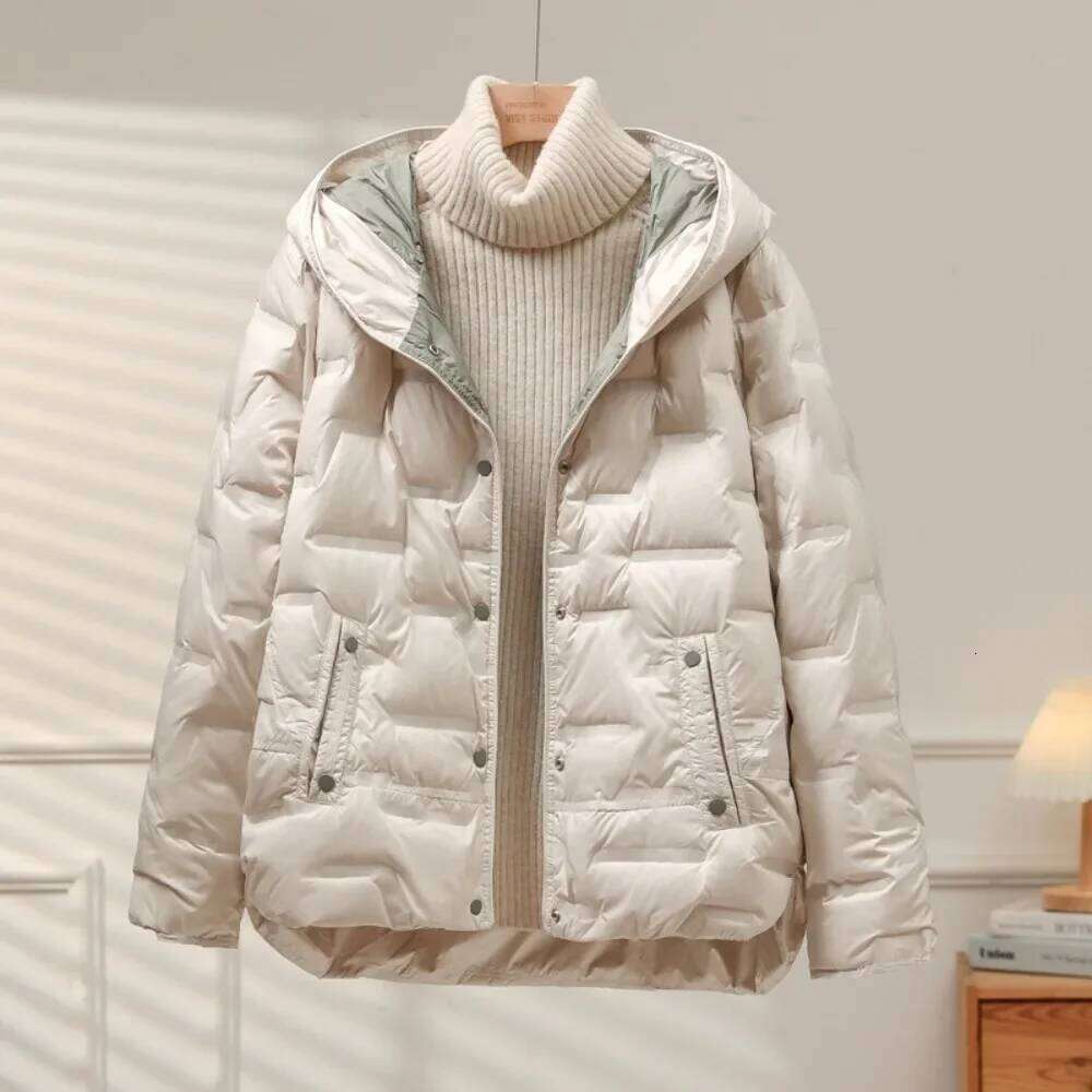 Designer Clothing 2025 White Duck Down Coat 2024 New Autumn Winter Women Casual Hooded Single Breasted Jacket Fashion Light Puffer Parka Outwear