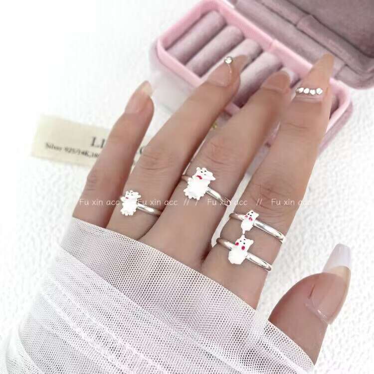 Maltese Red Bow West Highland Dog Light Luxury Small Exquisite Open Ring High-end Jewelry a52