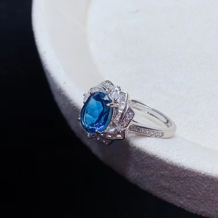 Deep blue natural topaz ring 7mm*9mm VVS grade genuine London blue topaz 925 silver ring for engagement