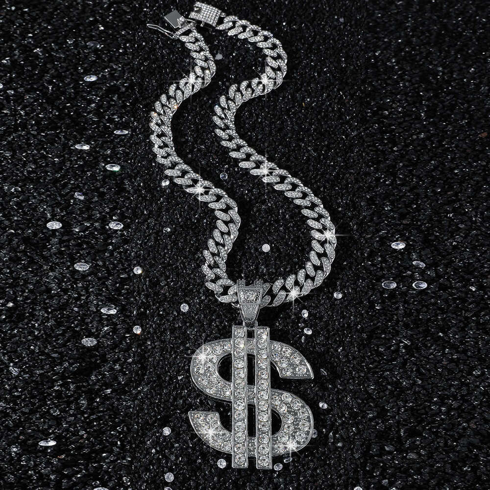 High-end Inlaid Dia Dollar Sign Pendant Personality Exaggerated Hip-hop Cuban Necklace Jewelry