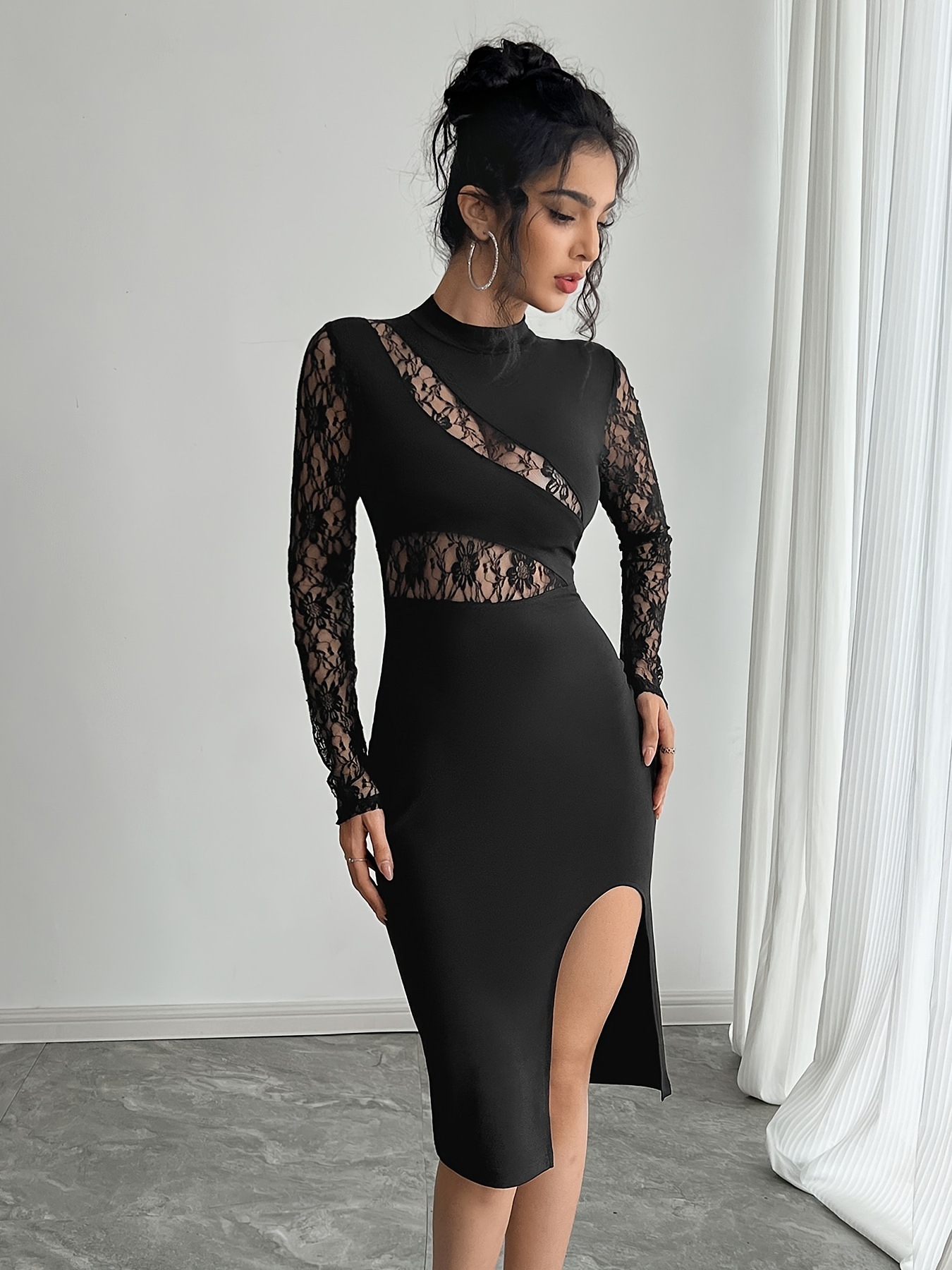 L729Autumn new women's solid color contrast lace slit sexy tight dress
