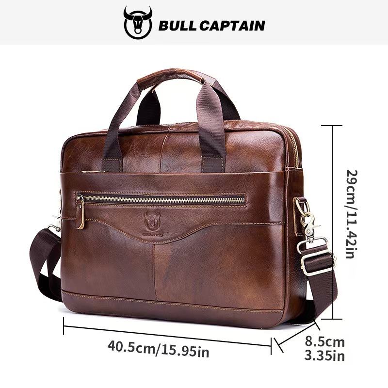 BULLCAPTAIN Shoulder Messenger Bags Genuine Leather 14-inch Laptop Bag's Men's Briefcase Office Business Handbag