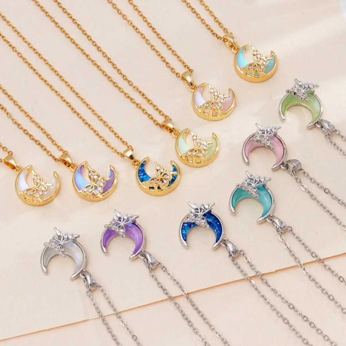 Stainless Steel Chain Romantic Colorful Resin Moon Zircon Butterfly Pendant Necklaces for Women Girls Trendy Accessories Gifts 250729