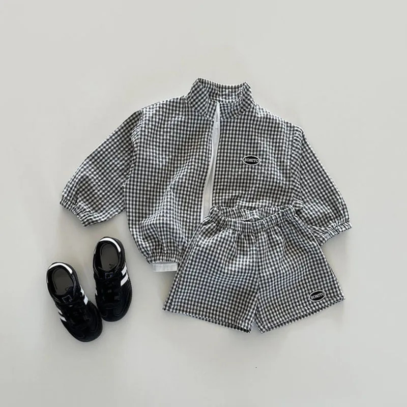 Kids Girls Clothes Sets Summer Korean Short Sleeve Zipper Plaid JacketsShorts Suits Baby Boys Sunscreen Clothing Sets 250729