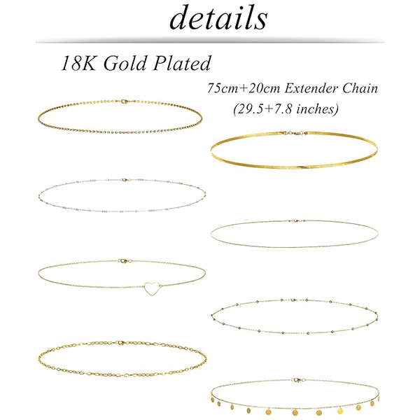 8Pcs Waist Belly Chain 18K Gold Plated CZ Heart Pearl Snake Bead Sequin Paperclip Belly Chain Summer Beach Sexy Body Chains Jewelry Accessories for Wo