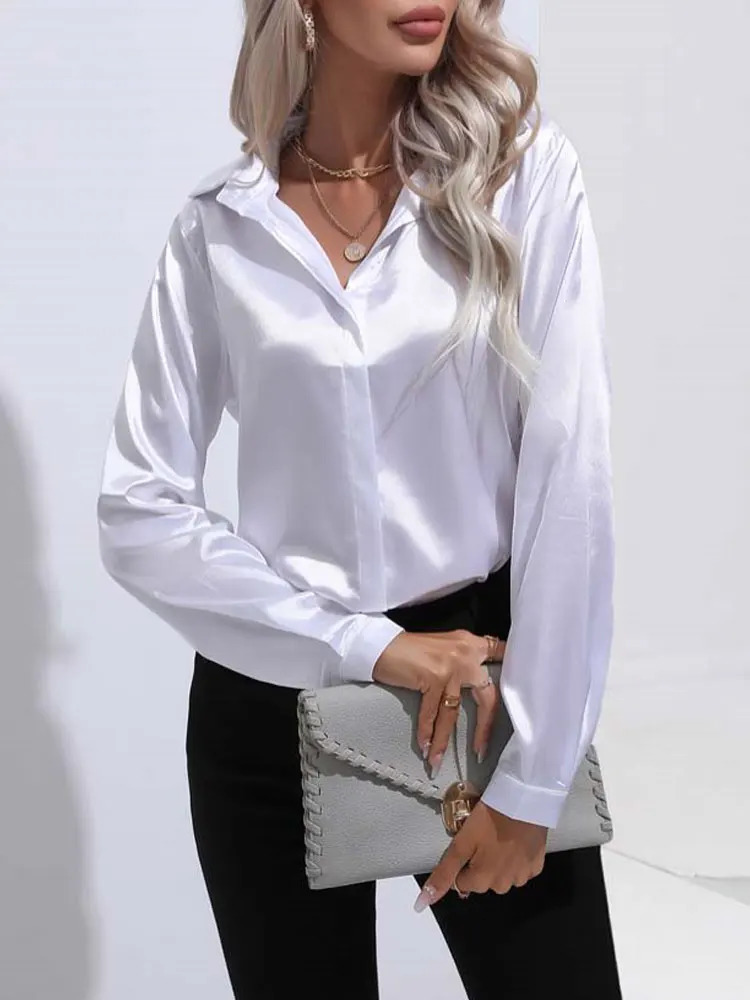 2025 Spring Summer Satin Shirt Women V Neck Long Sleeve Office Blouses Ladies Black White Silk Loose Shirts For 250724