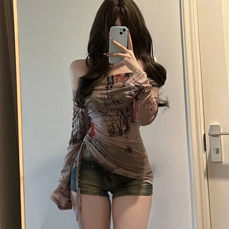 Long Sleeve Tshirt Spicy Girl Style One Shoulder Womens Thin Mesh Screen Graffiti Print Irregular Drawstring Top 250729