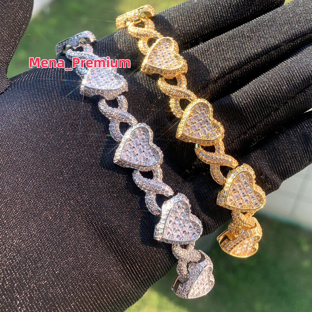 Heart Design Fashion Chain Link Bracelets Moissanite-Iced Out Hip Hop Style Brass Cuban Link Bracelets
