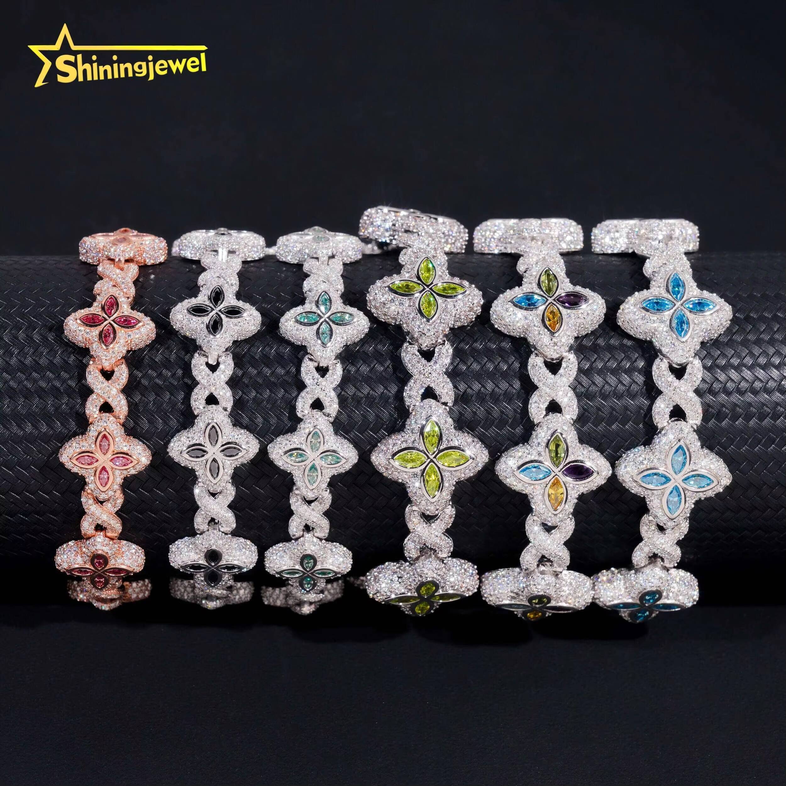 Hot Sale Fine Jewelry Hip Hop Color Diamond 925 Sterling Silver Iced Out Clover Moissanite Bracelet