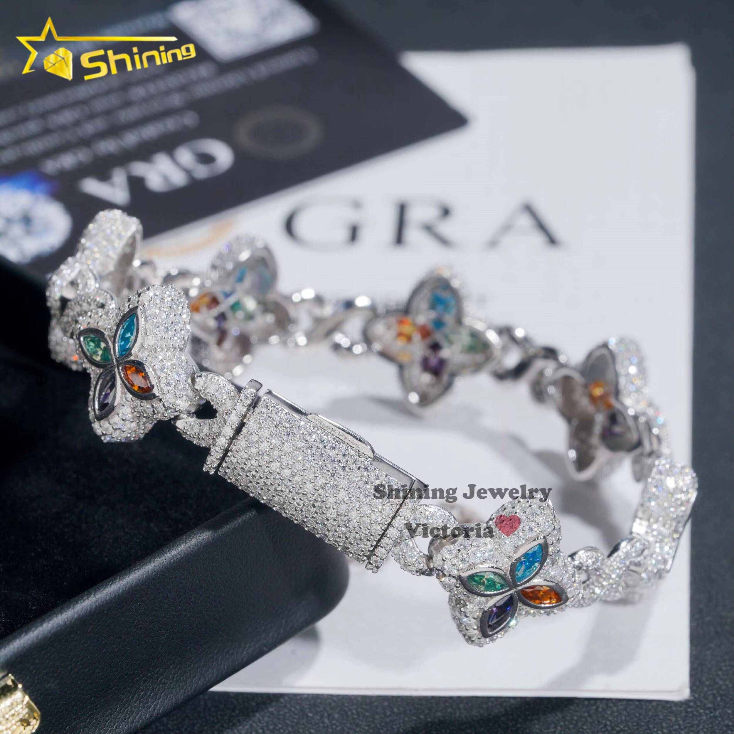 New Arrival Trendy Rapper Jewelry Iced Out 925 Silver Plated Moissanite Clover 18MM Infinity Link Cuban Bracelet Men