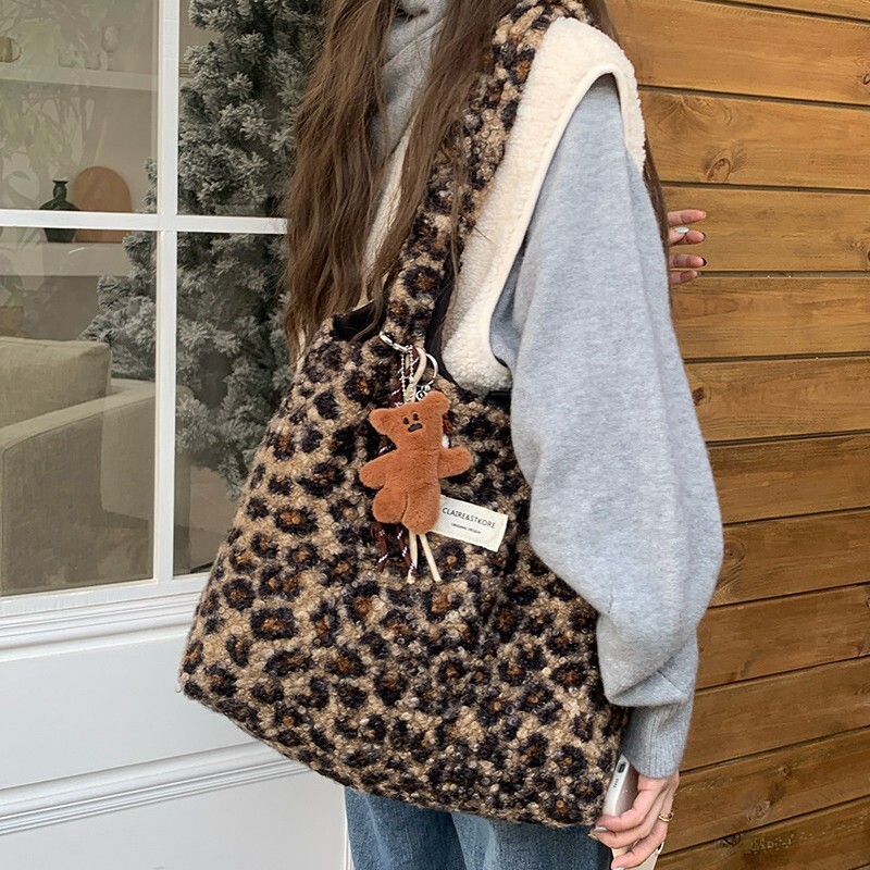 Designer Luxury Bag, Leopard Print Plush Women's Bag 025, New Commuter College Style Handbag, Large Capacity Single-shoulder Crossbody Bag