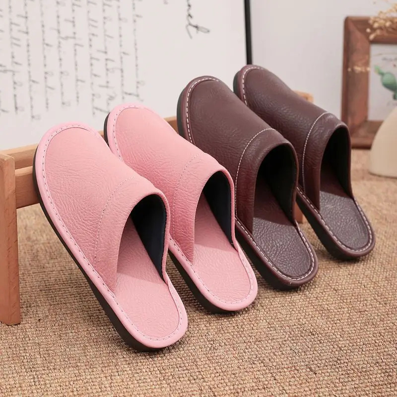 Home Leather Slippers Men and Women Spring Non-slip Waterproof Floor Shoes Anti-odor Soft Sole males Indoor Slides 250725