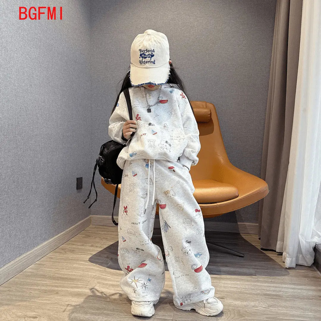 5-14Y Kids Casual Tracksuit Children Boys Cotton Zipper Hooded Jacket Loose Wide Leg Pants Set 2Pcs Sets Teen Girls Sport Suit 250729